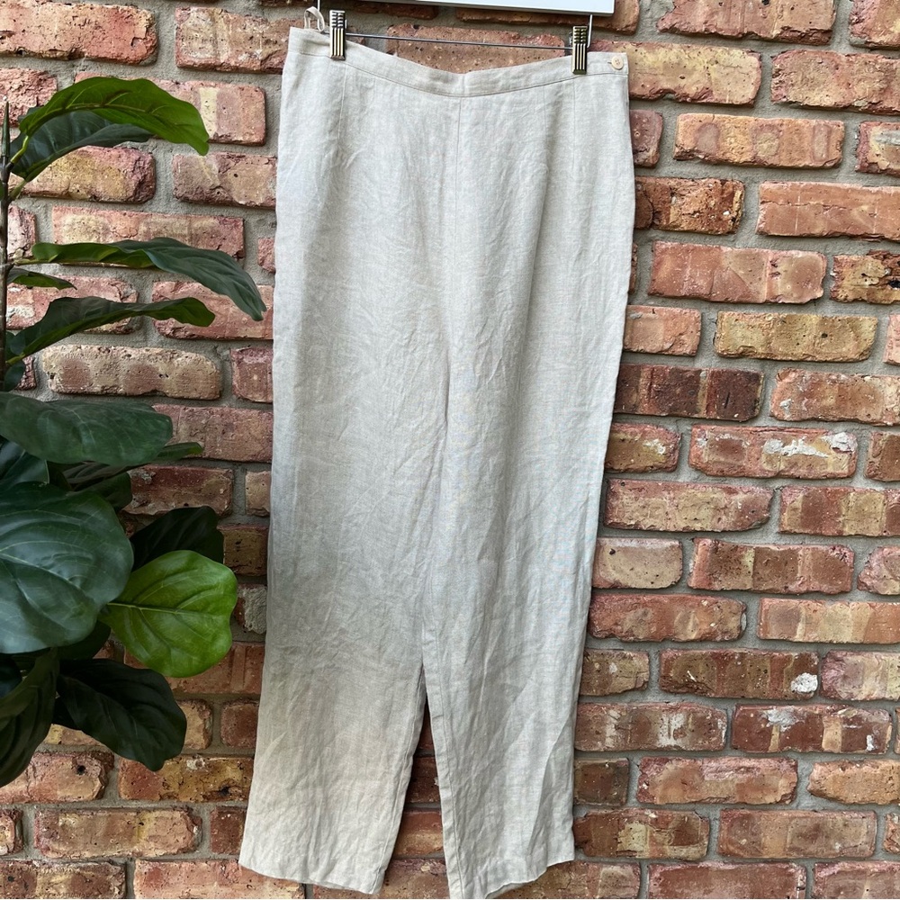 TALBOTS 12 IRISH LINEN SIDE ZIPPER CREAM TAN DRESS PANTS LOOSE FIT WIDE LEG